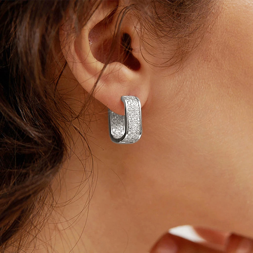 Huitan Korean Fashion Paved CZ Hoop Earrings for Women Metal Silver Color/Gold Color Simple Versatile Earrings Hot Jewelry