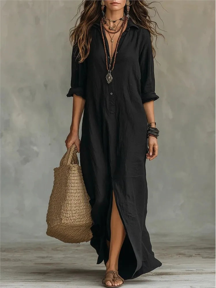 Casual Long Sleeve Loose Maxi Dress Women 2026 Summer Solid Color Turn-down Collar Beach Long Dresses Elegant Vestidos