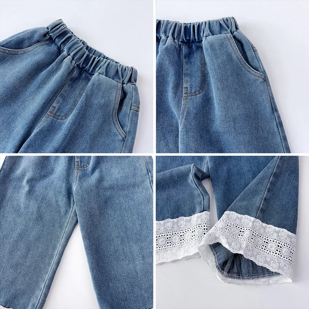 Bear Leader Summer New Blue Jeans 2-7-year-old Simple Kids Clothes Girls Korean Edition Fashion Lace Decoration Casual Pants