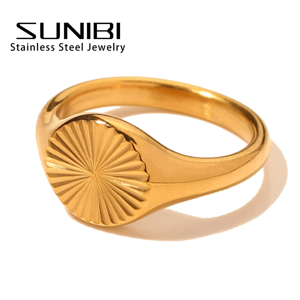 SUNIBI Stainless Steel Rings for Women Gold Color Do Not Fade Wave Rays Texture Signet Dainty Ladies Ring Jewelry Wholesale