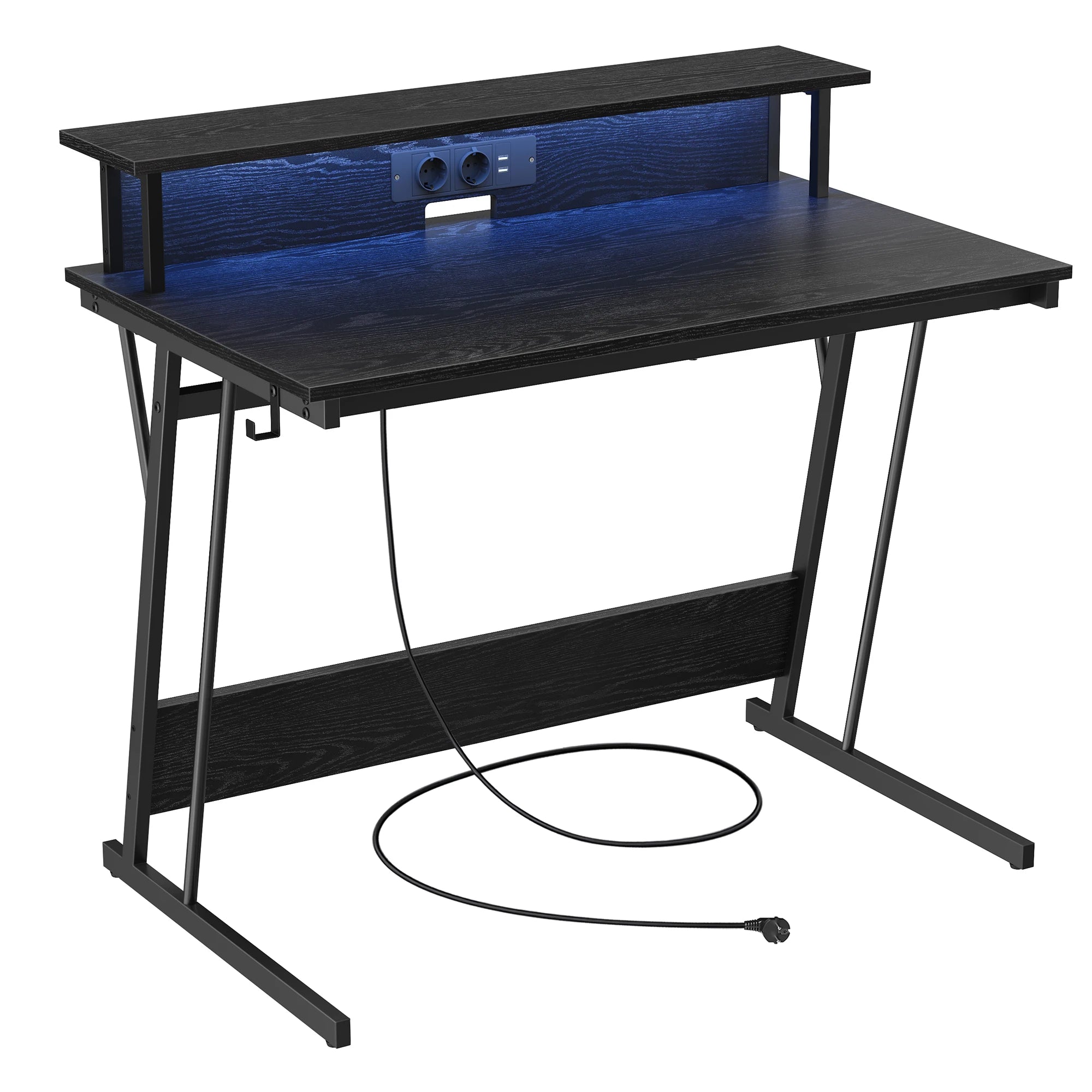 Gaming Desk with LED and Power Strip, with Monitor Riser, for 2 Computers, 100 x 60 x 76 cm, Wood Black