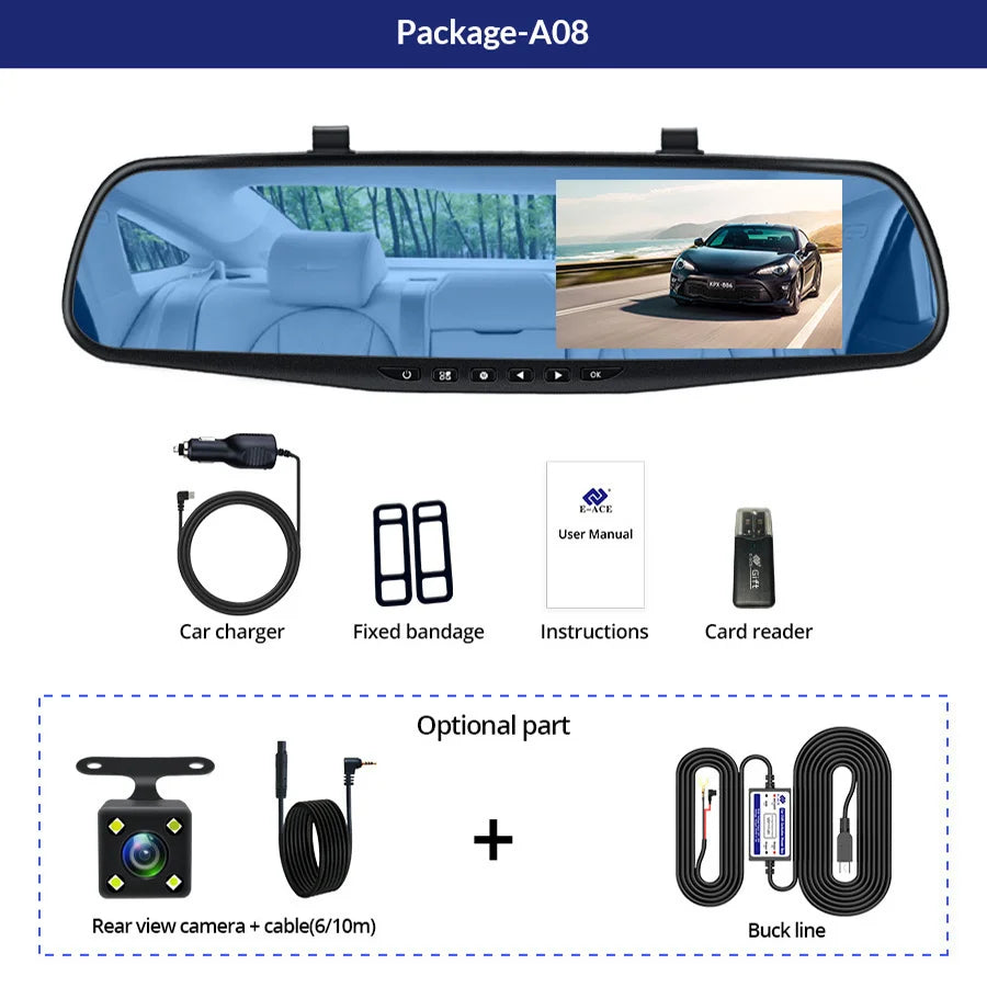 Dash Cam 4.3 inch "mini rear-view mirror digital dashcam, front and rear dual cameras IPS Front and Rear Camera Registrar Black