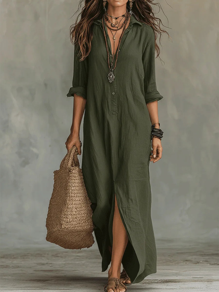 Casual Long Sleeve Loose Maxi Dress Women 2026 Summer Solid Color Turn-down Collar Beach Long Dresses Elegant Vestidos