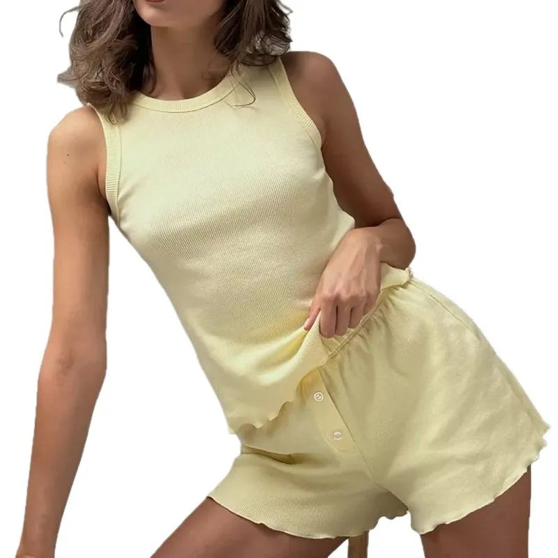 Sexy Women's Summer Pajamas Set Solid Color Crew Neck Vest Elasticated Waist Shorts 2-Piece Set Casual Simple Loungewear