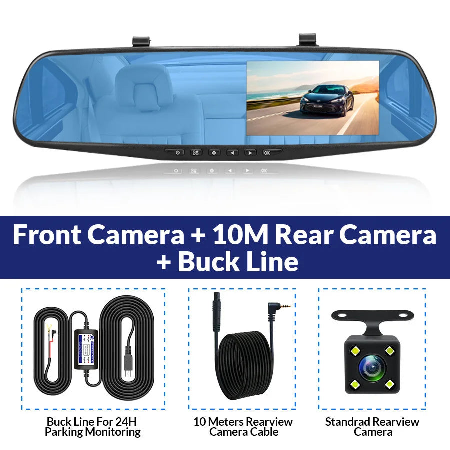 Dash Cam 4.3 inch "mini rear-view mirror digital dashcam, front and rear dual cameras IPS Front and Rear Camera Registrar Black