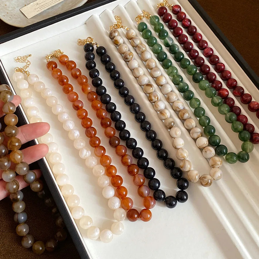 7 Colors 42cm Smudging Round Beads Acrylic Choers Necklaces Vintage Resin Collarbone Chain Charms Banquet Dress Decoration K