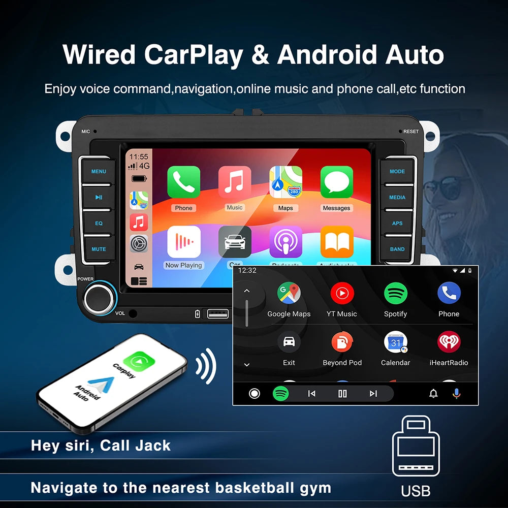 7 Inch Car Stereo For VW Touchcreen BT AM/FM Radio Receiver with Android Auto Carplay USB Charge Support Hands-Free Calling