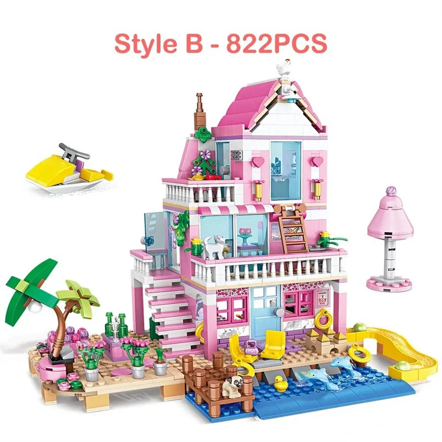 822Pcs Beach Villa Building Blocks Transformable House Model Creative Building Educational STEM Toys Birthday Gift For Girls
