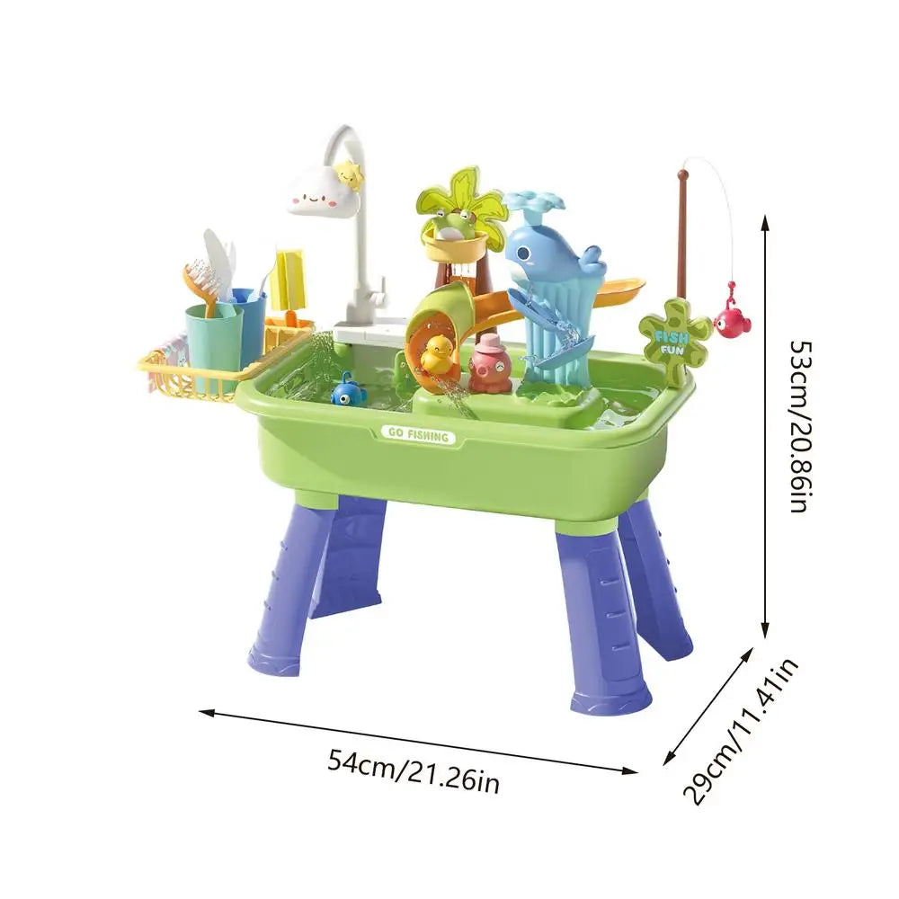 Kitchen Water table Sets with Pump,Tableware & Fishing Game for Kids,Children's Play Sink with Running Water & Electric Faucet