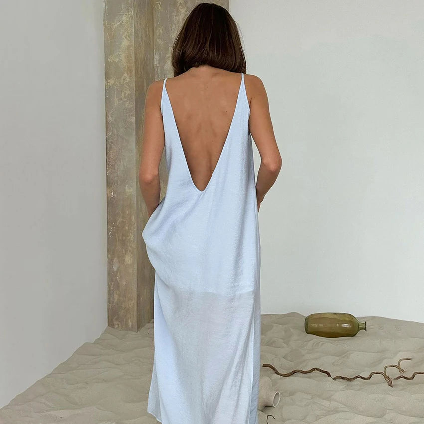 HiLoc Casual Loose White Long Dress Robe 2025 New Summer V Neck Dresses For Women Spring Sleeveless Straight Robes Nightgown
