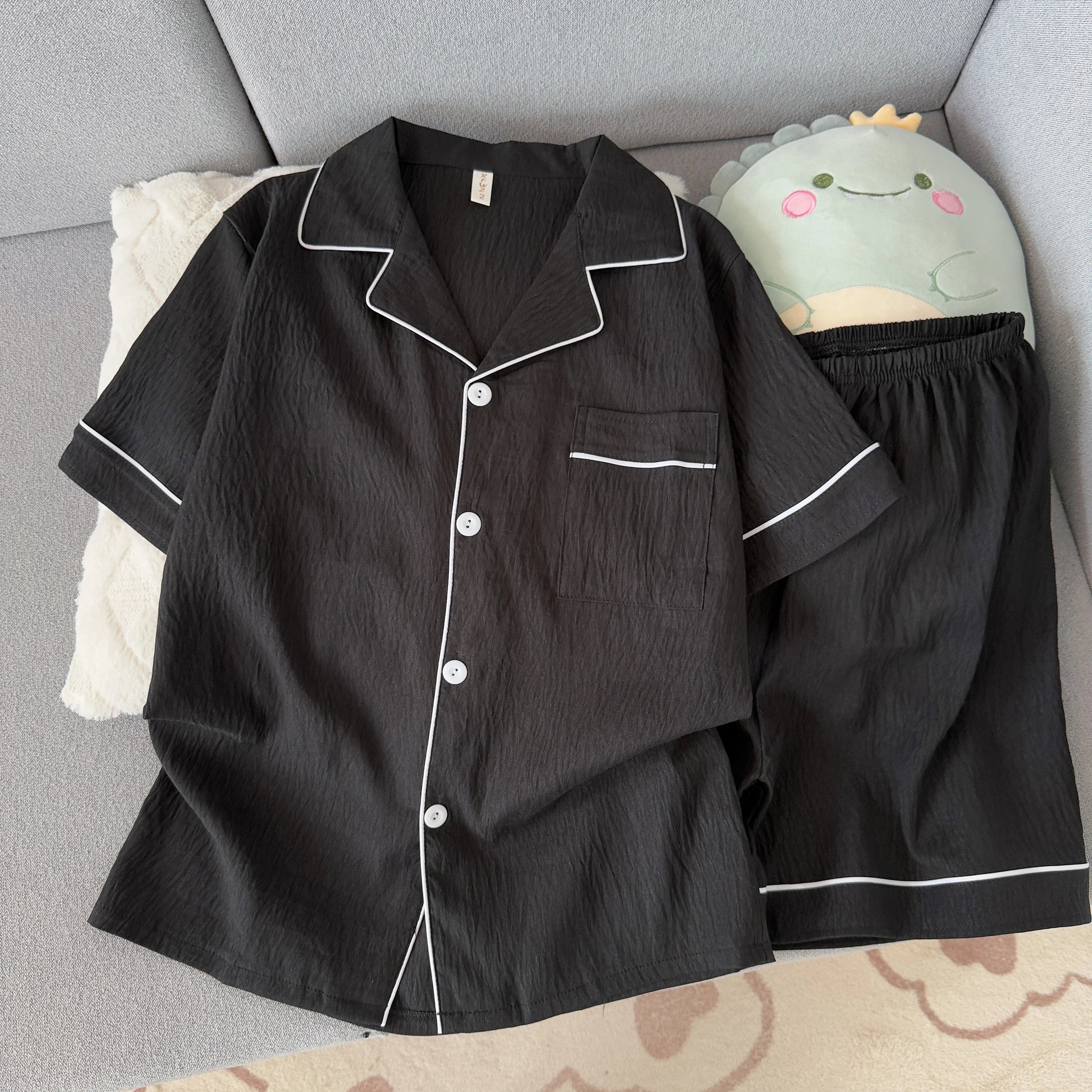 Youth Men's Slim Fit New Pajama Set Solid Color Short Sleeve Lapel Top and Elastic Shorts Pajamas Summer Loungewear Sleepwear