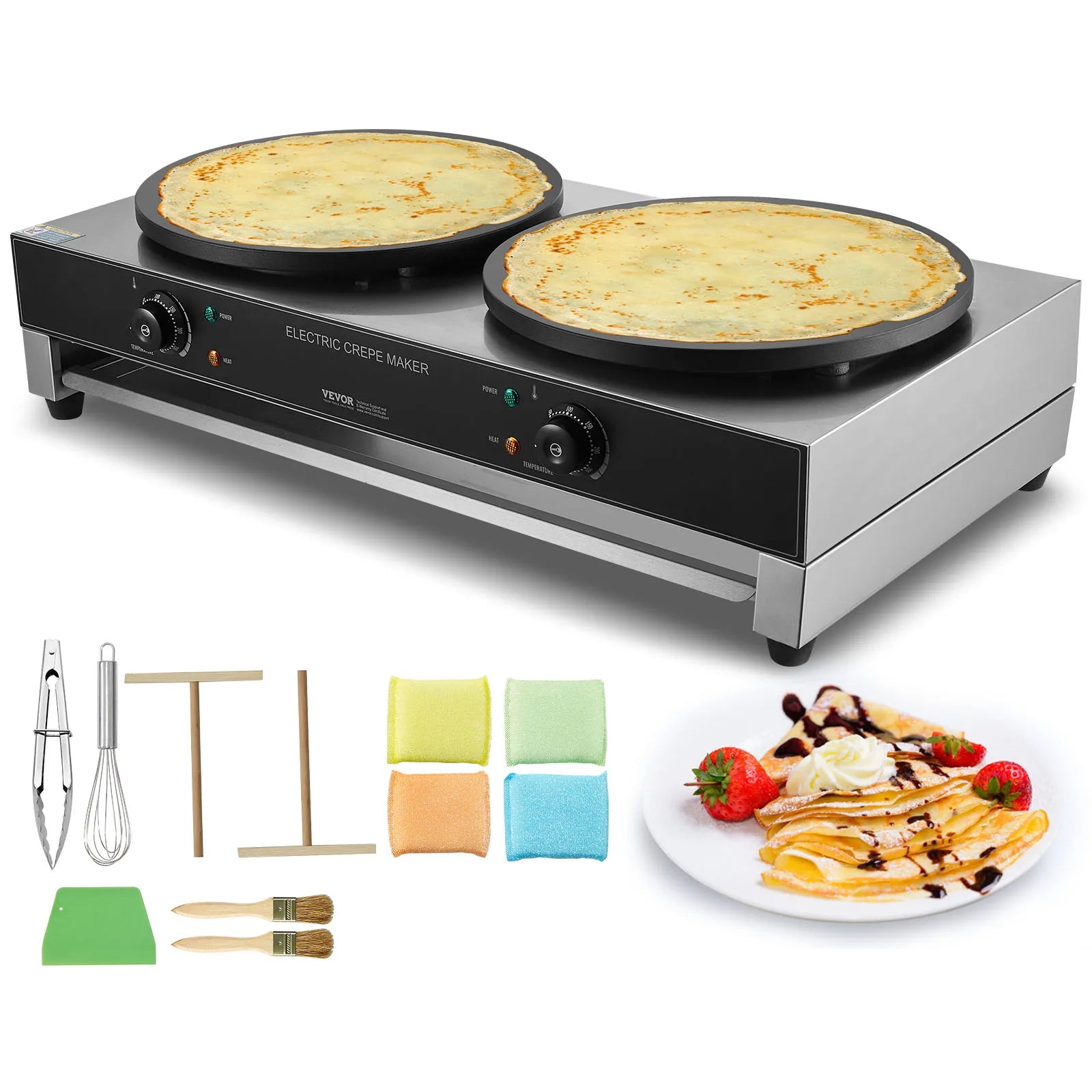 SucceBuy 16inch Electric Crepe Maker Double Head Commercial Crepe Machine 3400W Flat Plate Crepe Griddle Nonstick Pancake Stove