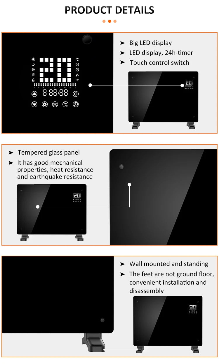 Home Bathroom Glass Convector Electric Wall Heater with Wifi App Control