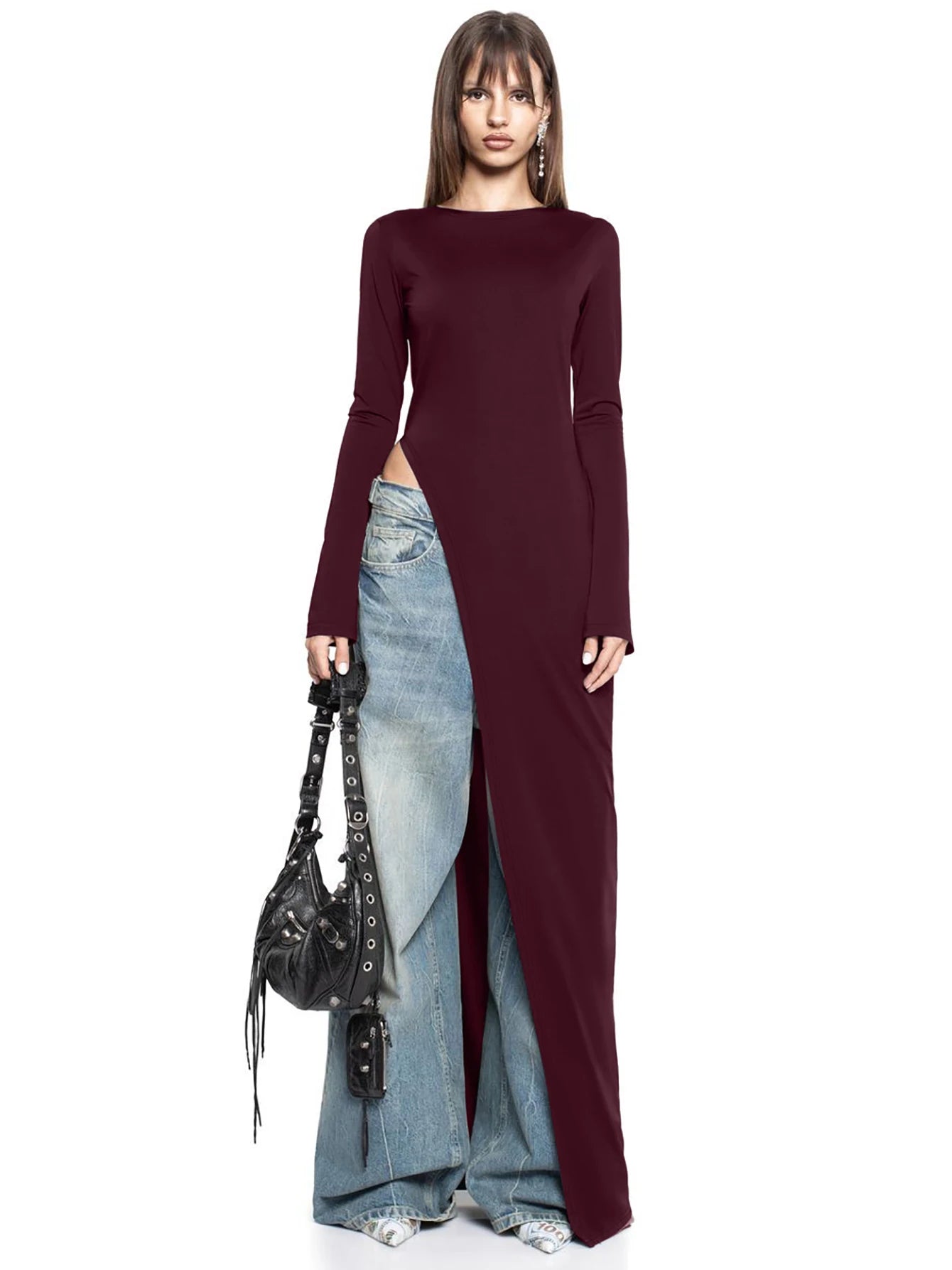 Dulzura Long Sleeves Side High Slit Maxi Dress Solid Sexy Long Dress Women’S Party Club Streetwear Autumn Winter Outfit