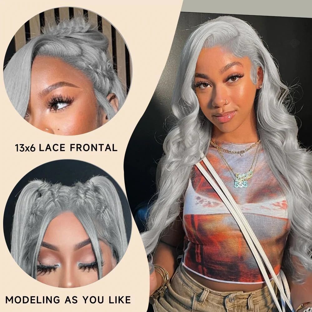 Silver Grey Brazilian Human Hair Wig 13X6 HD Transparent Lace Front Pre Plucked 28 32 Inch 200% Density Body Wave Wigs For Women