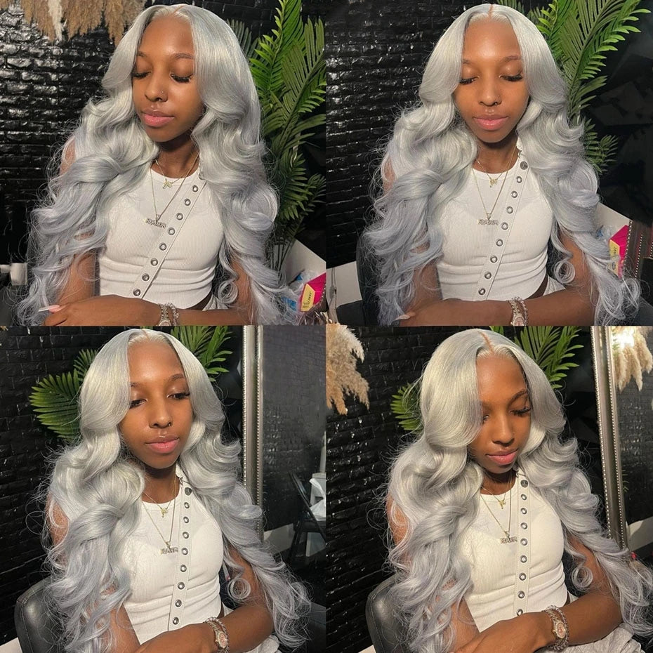 Silver Grey Brazilian Human Hair Wig 13X6 HD Transparent Lace Front Pre Plucked 28 32 Inch 200% Density Body Wave Wigs For Women