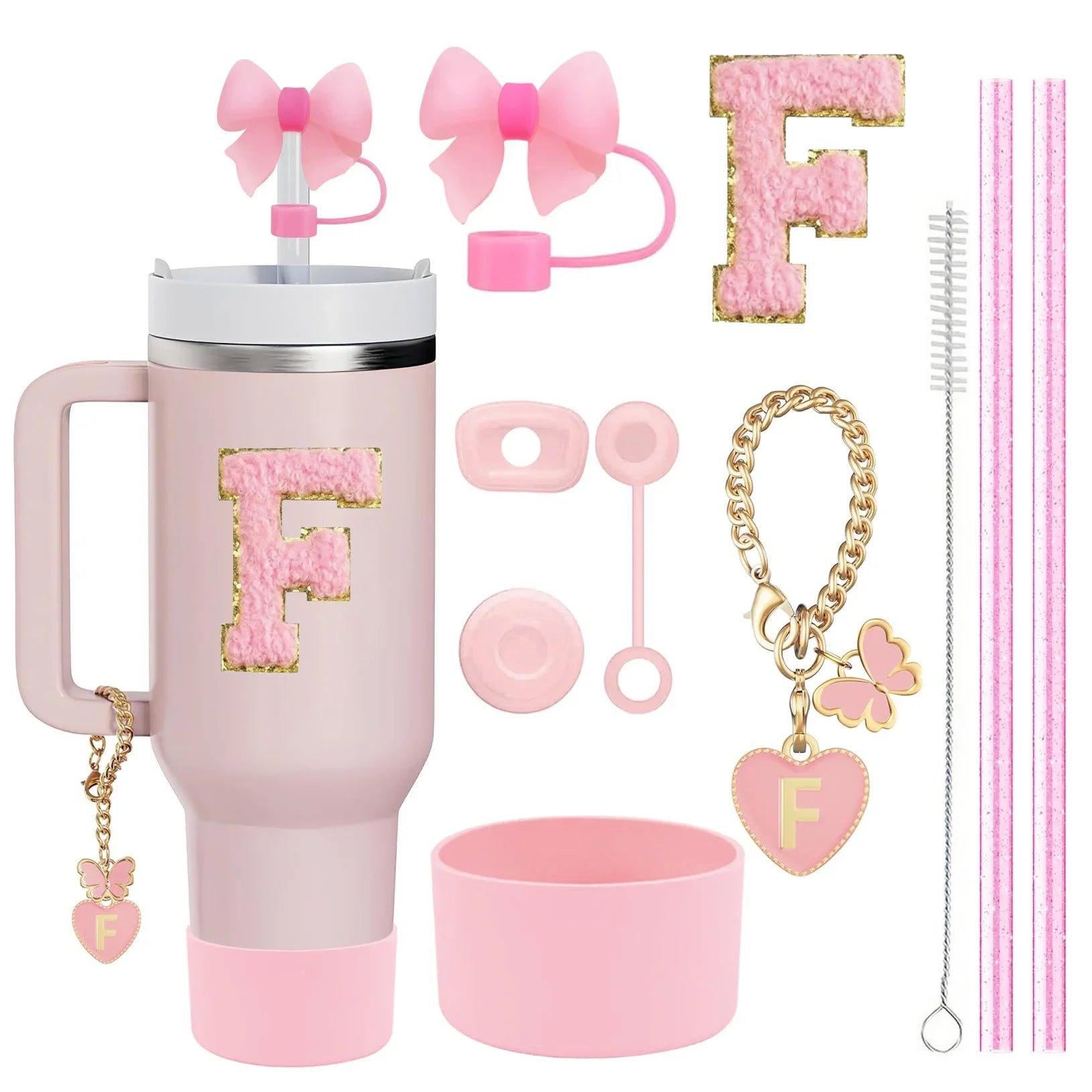 10PCS Accessories Set for Stanley Cup, 2 Straw and Brush and 1 Flower Charm Chain 3 Spill Proof Stopper Flowers Straw Cover Boot
