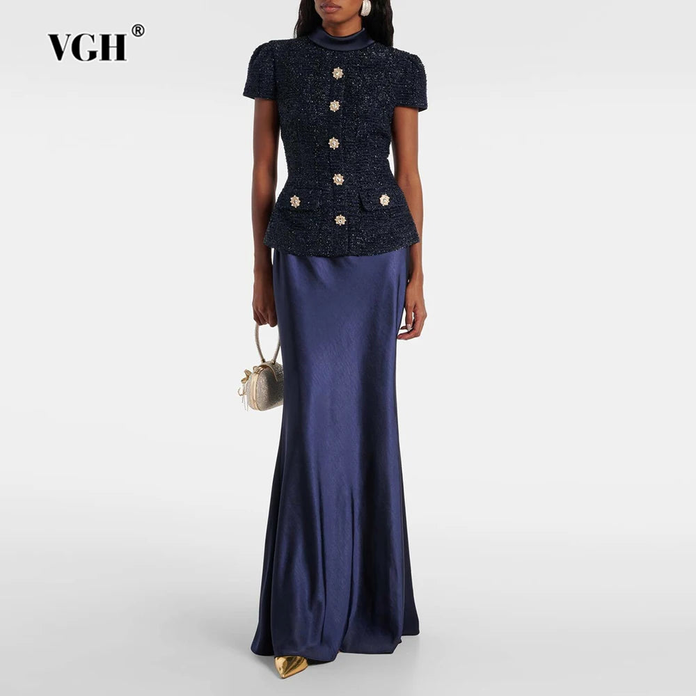 VGH Chic Two Piece Sets for Women Stand Collar Short Sleeves Spliced Pocket Tweed Top High Waist Maxi Skirts Vintage Suit Female
