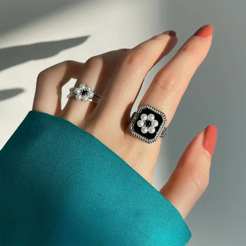 925 Sterling Silver Metal Flower Shell Geometric Rings For Women French Retro Romantic Open Thai