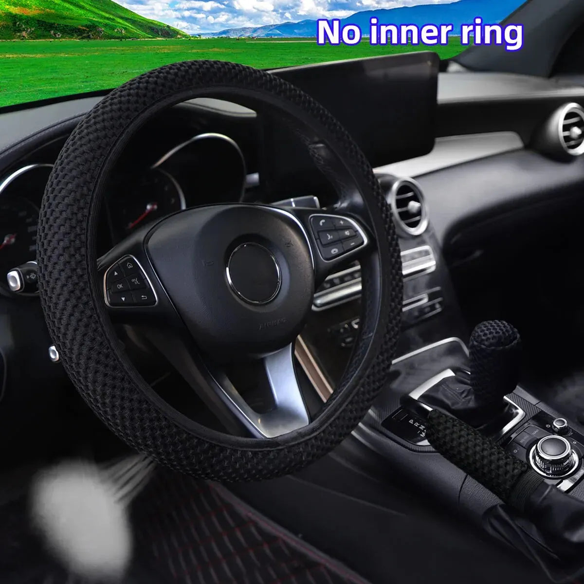 3 Car Massage Mesh Cloth Steering Wheel Cover Handbrake & Handle Cover Set Breathable No Inner Ring for 14.5-15 Inch Accessories