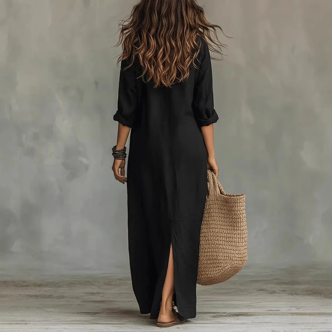 Casual Long Sleeve Loose Maxi Dress Women 2026 Summer Solid Color Turn-down Collar Beach Long Dresses Elegant Vestidos