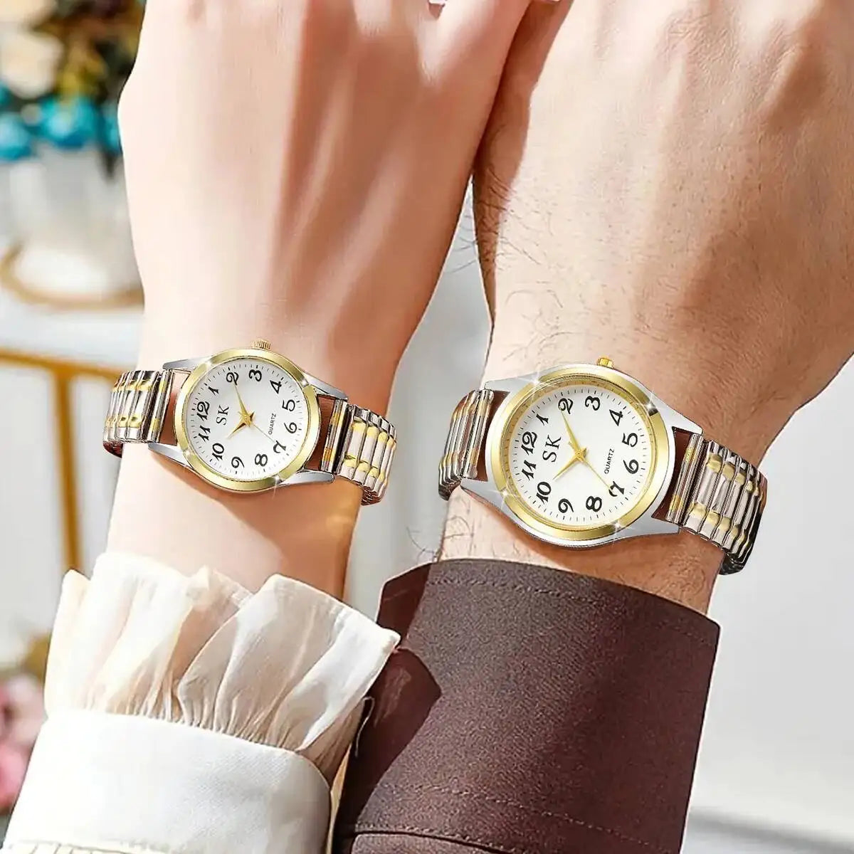 2PCS/Set Fashion Couple Watches Luxury Elastic Strap Women Watches Men Quartz Wristwatches (Without Box）