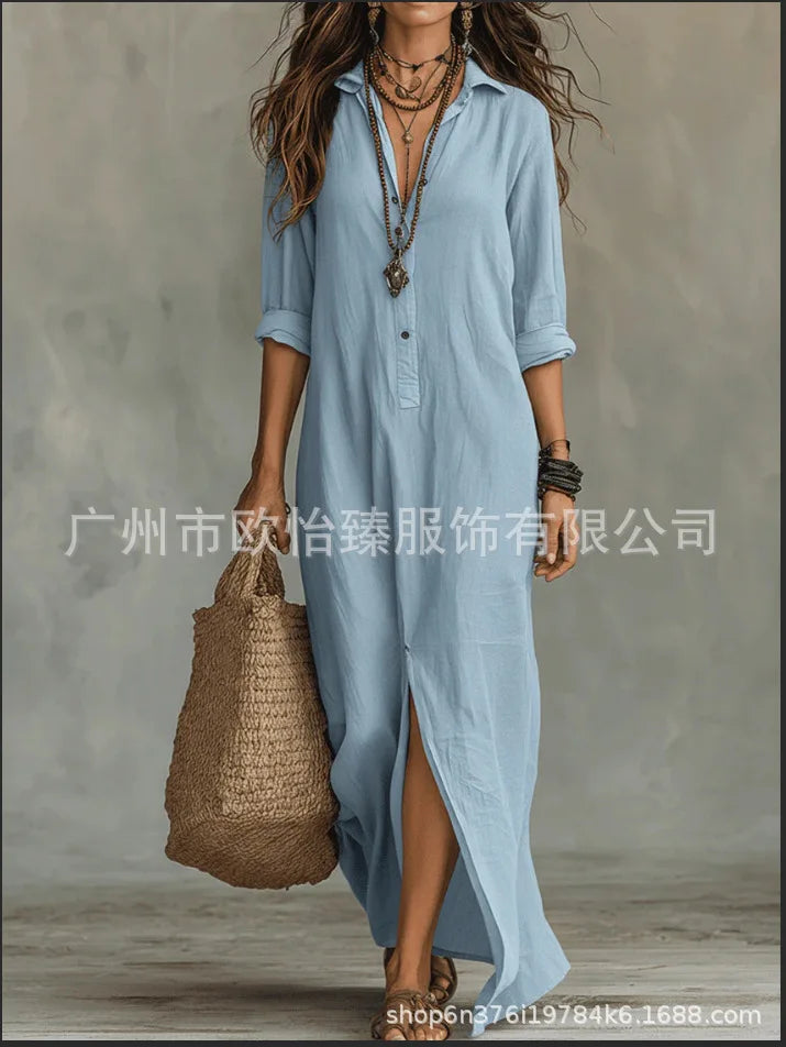 Casual Long Sleeve Loose Maxi Dress Women 2026 Summer Solid Color Turn-down Collar Beach Long Dresses Elegant Vestidos