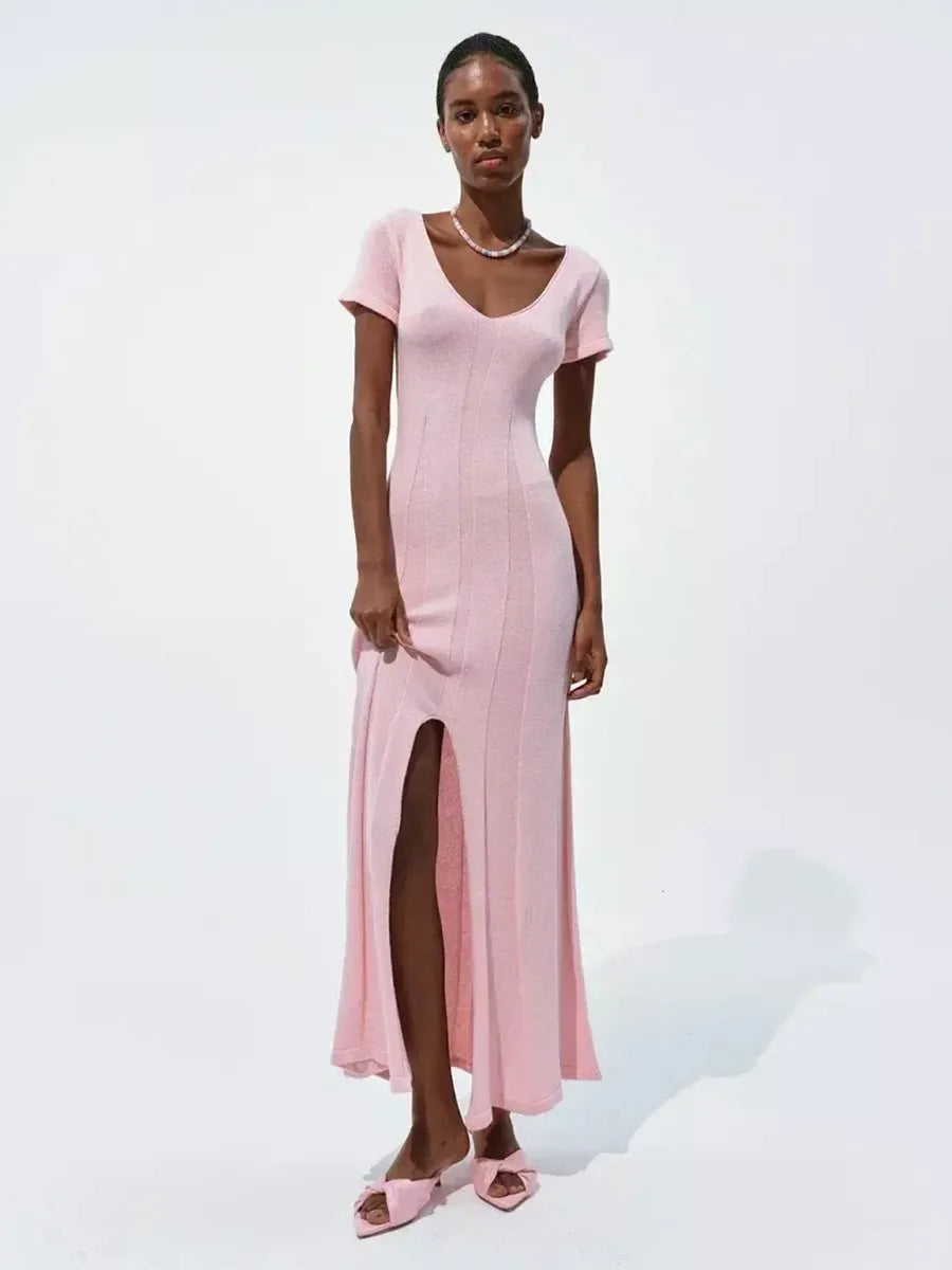 Tsiisd Ribbed Knit Maxi Dress For Women Deep V-Neck Slim High Slit Elegant Patchwork Commute Party Dress Women Knitwear Dress