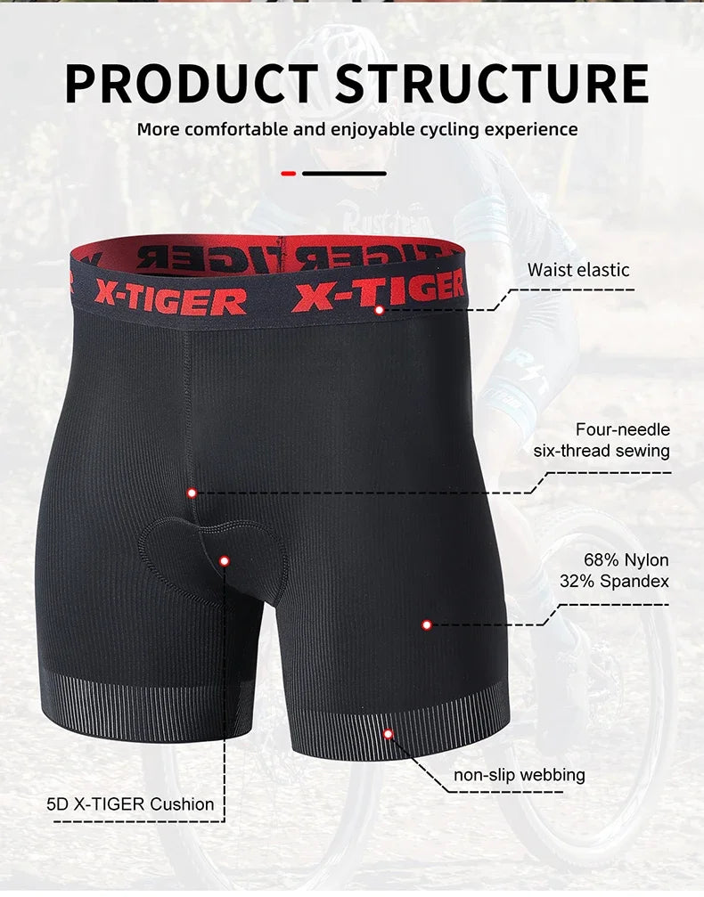 X-TIGER Cycling Underwear Men's Shorts 5D Padded Breathable Sports Riding Bike Bicycle MTB Liner Shorts with Anti-Slip Leg Grips