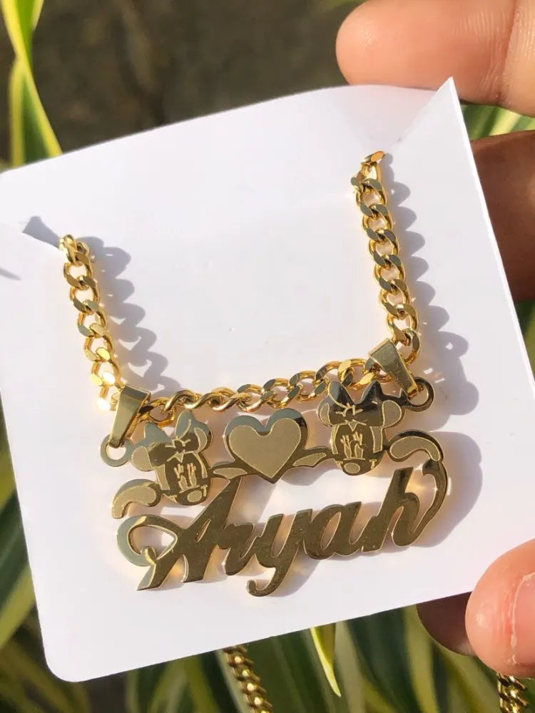 Custom Removable Cartoon Character Name Pendant Gold Color Stainless Steel Heart Nameplate Necklaces For Women Girl Kids