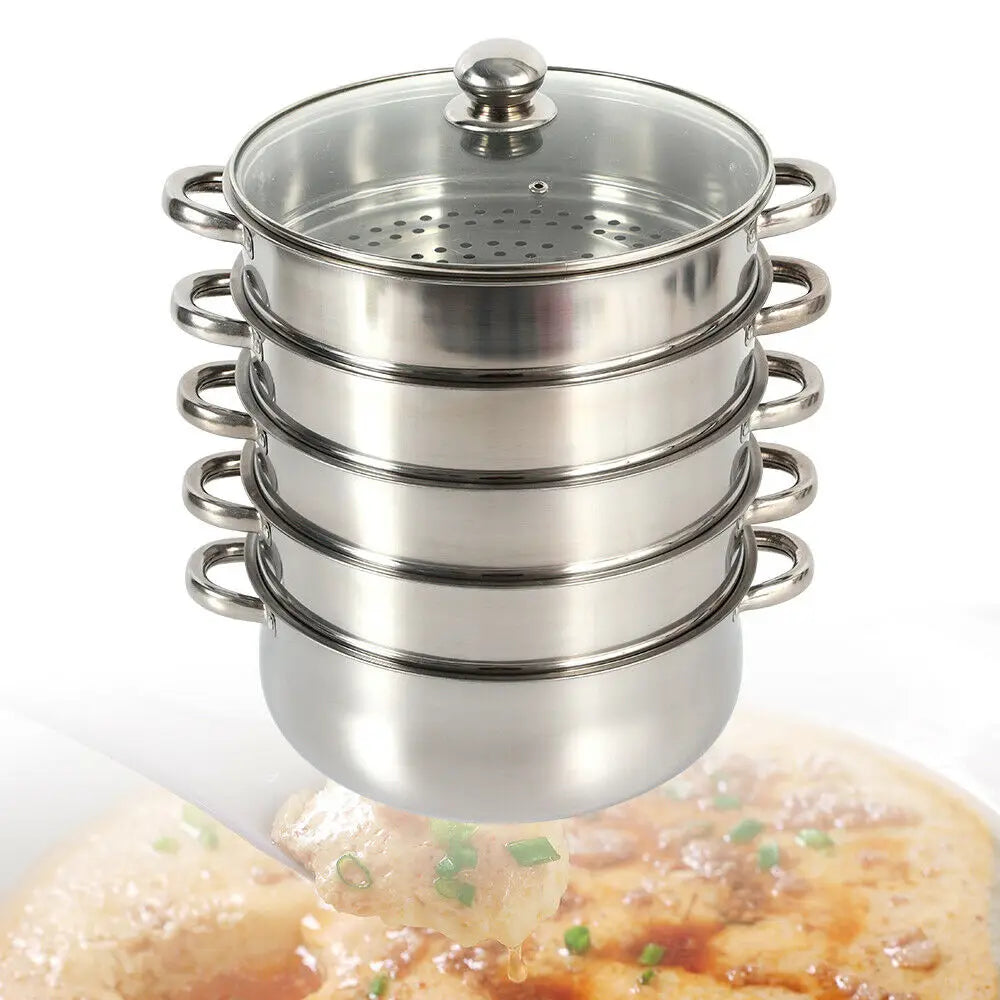 5 Tier 26 / 28 / 30cm Steam Cooker Steamer Pan Cook Food Veg Pot Stainless Steel