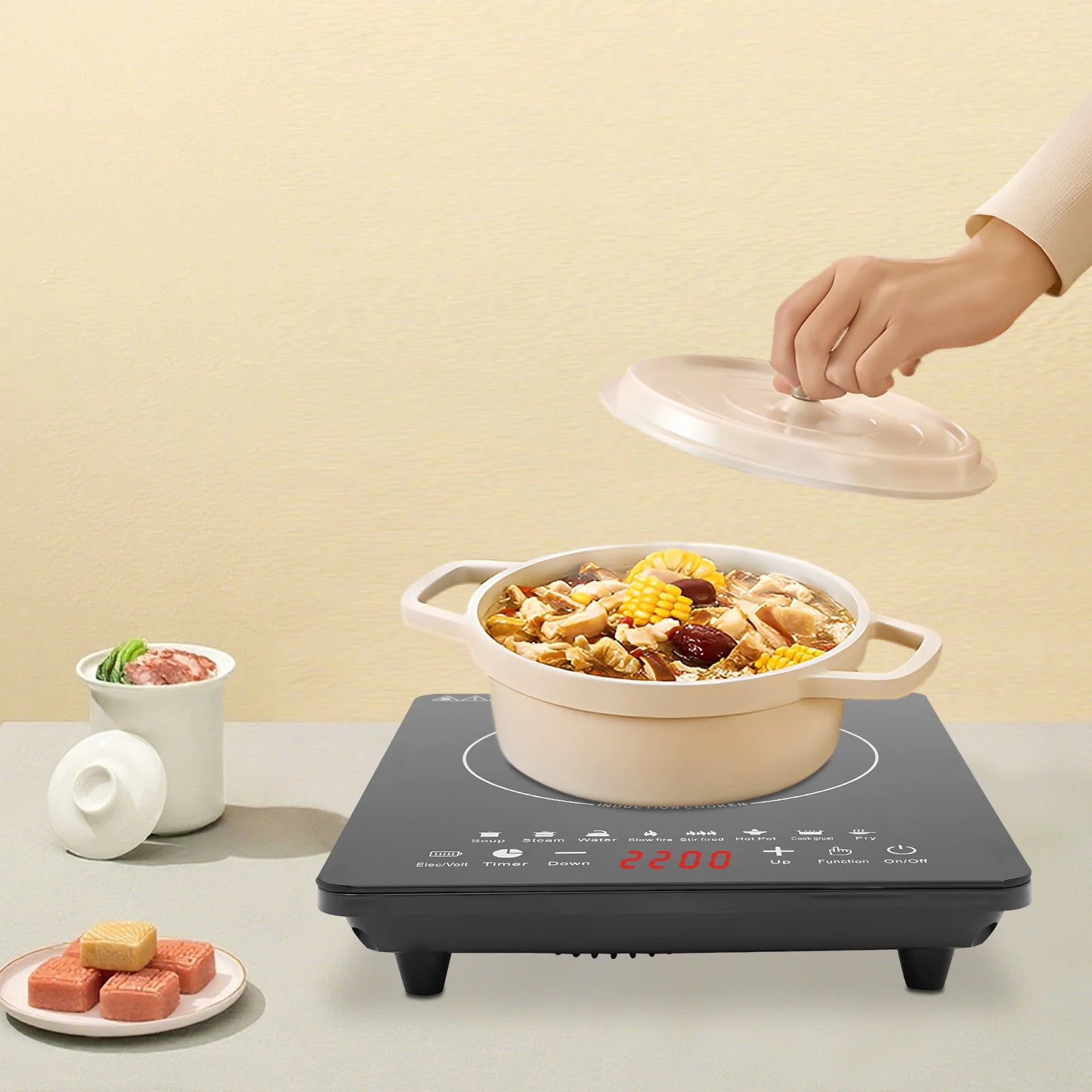 750W Electric Induction Cooker Glass PP Body 8 Presets Temp Adjustable for Dorm RV Home Restaurant & Hot Pot Use