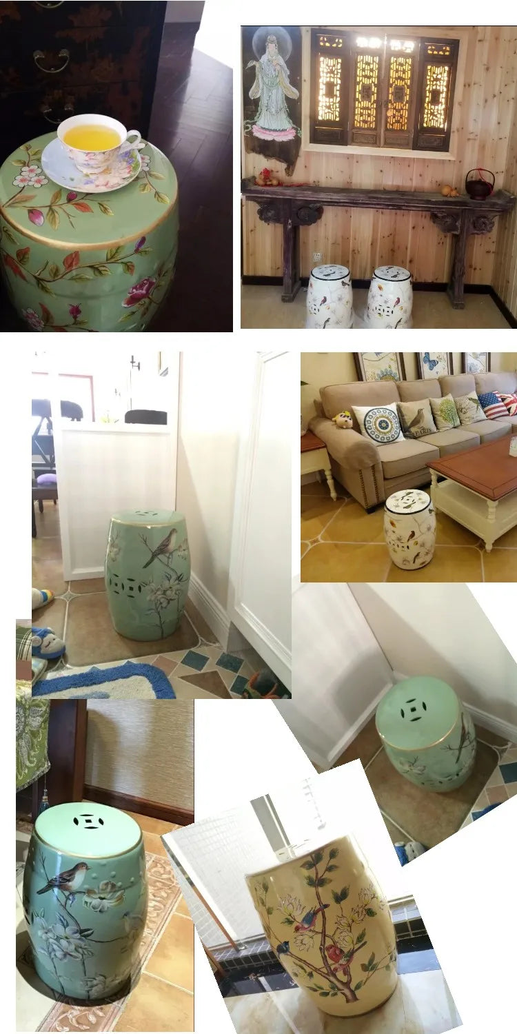Shoe Changing Stool Flower Bird Ceramic Drum Stool Dressing Antique Drum Sitting Stool Living Room Furniture Luxury Dresser