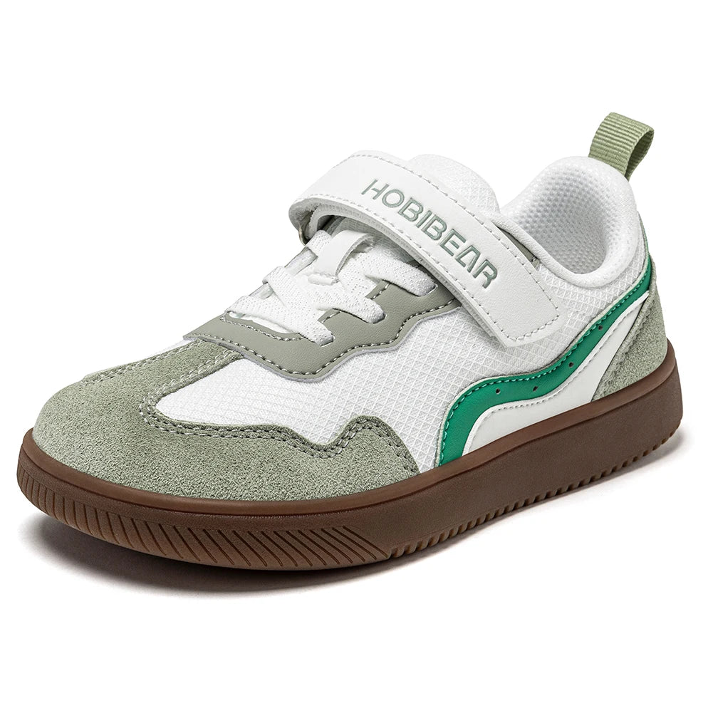 HOBIBEAR Kids Wide Toe Barefoot Shoes Hook Loop Minimalist Sneakers Artificial Leather Mesh Retro Walking Shoes for Big Kid