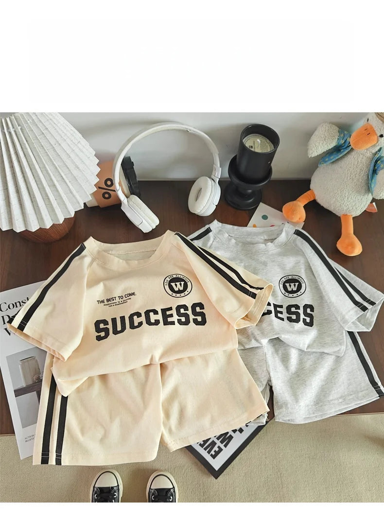 2026 New Summer Sporty Style Children Sets Letter Pattern Tee+Striped Shorts 2Pcs Clothes Short Sleeve Cotton Boys Girls Suit