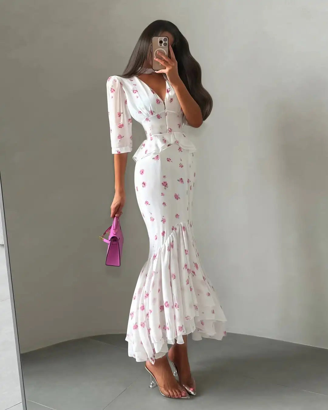Fashion Organza Floral Printed Maxi Dress V-Neck Puff Sleeve 2026 Spring/Summer Romantic Women Party Gown Elegant Lady Vestido