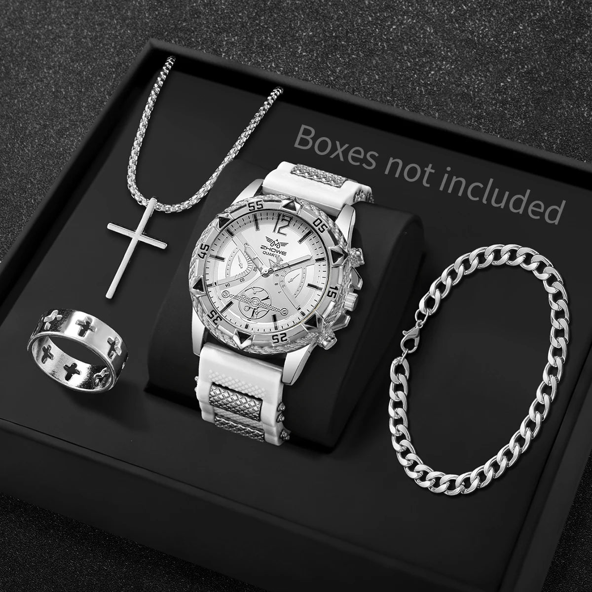 4PCS Fashion Arabic Dial Men Business Quartz Watch CasuSilicone Strap Wristwatch With Necklace Set Reloj Hombre (Without Box)