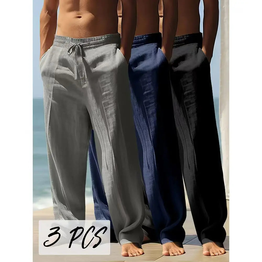 2025 Spring/Summer New Men's Cotton and Hemp Pants Fashionable and Casual Solid Color Breathable Loose Plus Wide Leg Pants M-4XL