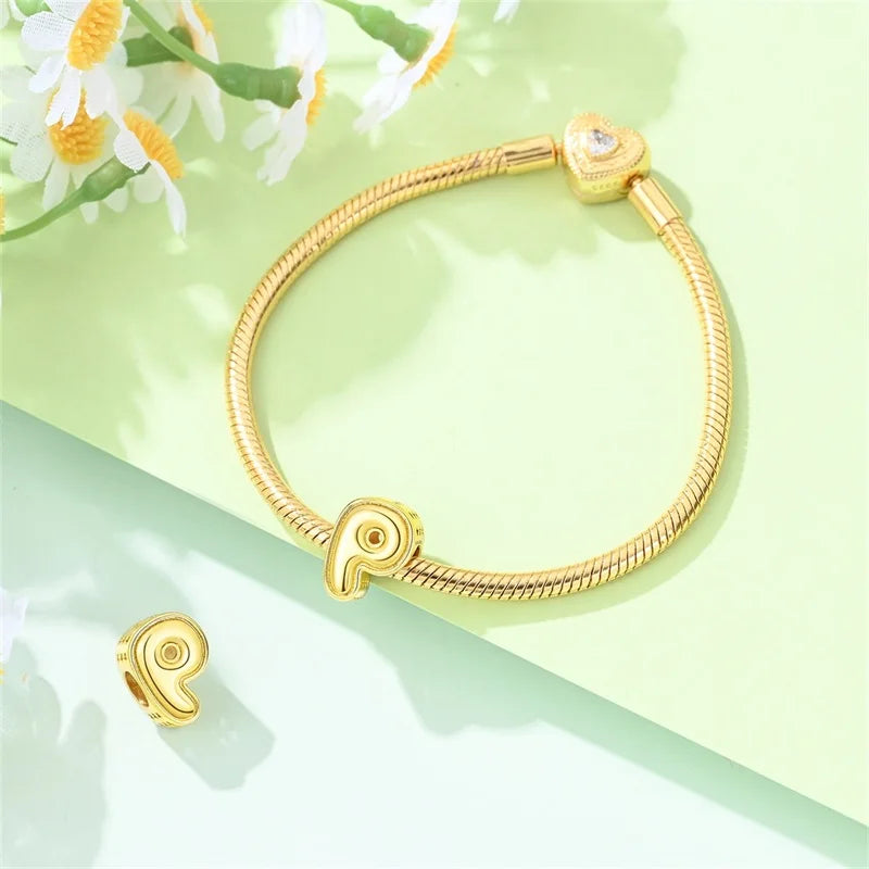 New Hot Sales 925 Sterling Silver 26 Golden Letters Charms Bead Fit Original Bracelet DIY Women Birthday Jewelry Gifts