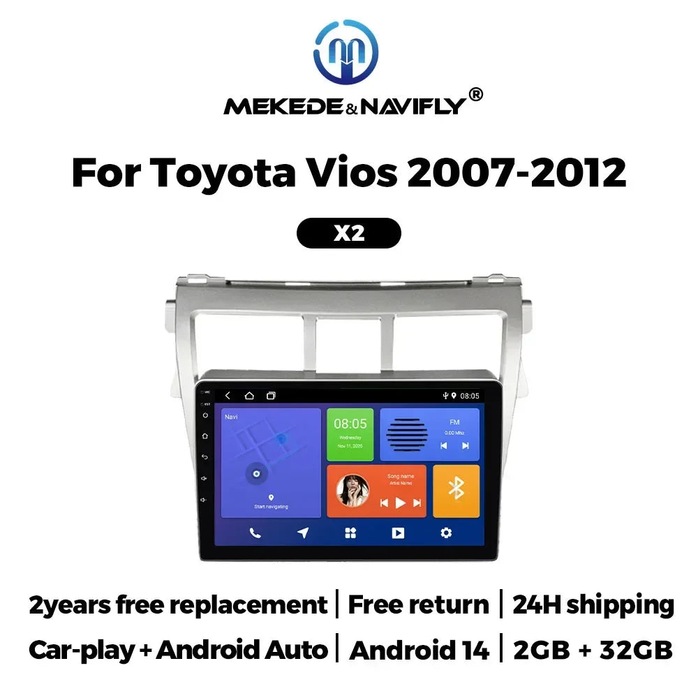 Wireless for CarPlay Android Auto Car Radio for Toyota VIOS Yaris 2007-2012 Video Multimedia Player GPS Stereo Head Unit BT WiFi