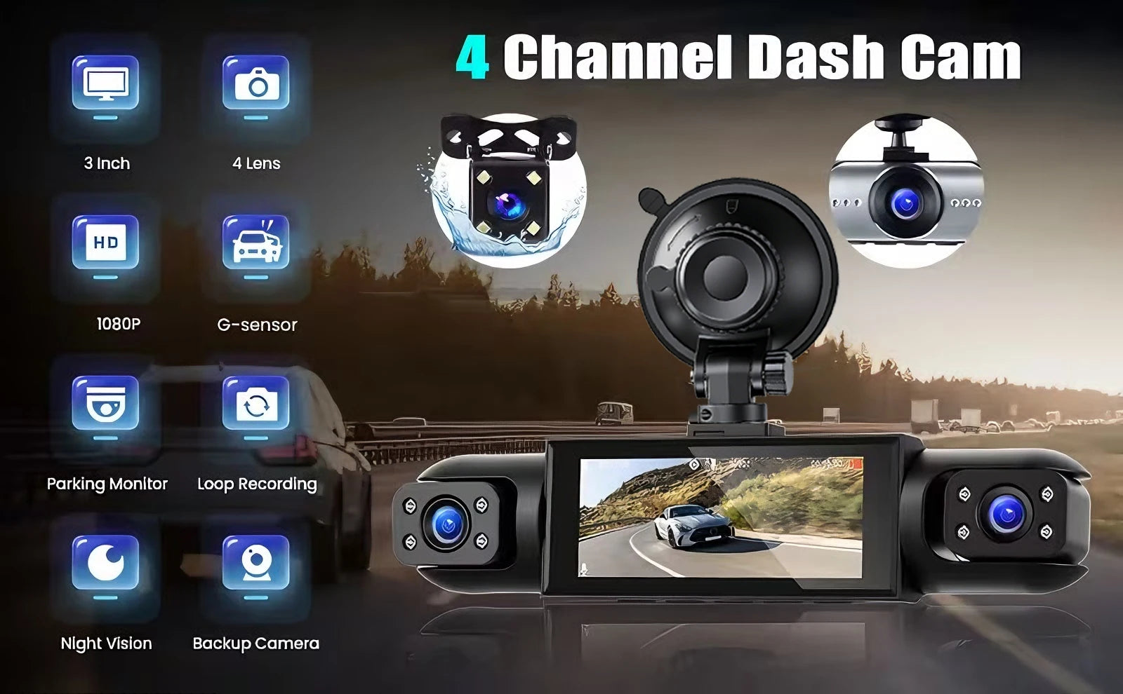 Dash Cam Vehicle DVR video recorder 4 cameras for cars black box front rear internal Night Vision Loop Recording dashcam car 360