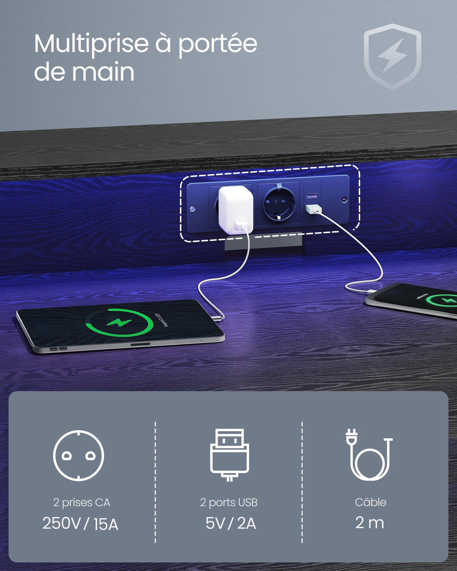 Gaming Desk with LED and Power Strip, with Monitor Riser, for 2 Computers, 100 x 60 x 76 cm, Wood Black