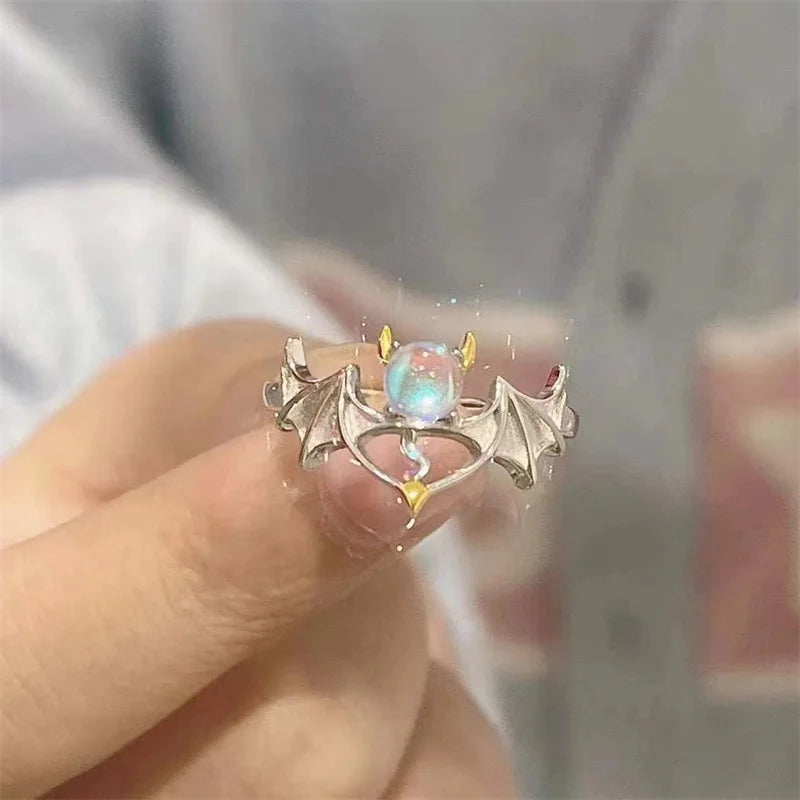 Korean Style Angel Wings Ring Adjustable Rhinestone Finger Rings For Women Silver Color Female Party Birthday Jewelry Gift