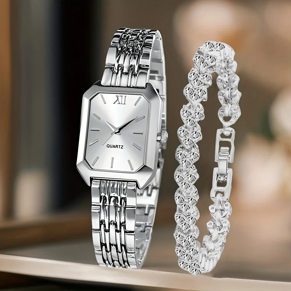 2PCS Fashion Rectangle Women Quartz Watch Rhinestone Bracelet Set Roma Dial Ladies Wristwatches Girls Clock Reloj Mujer