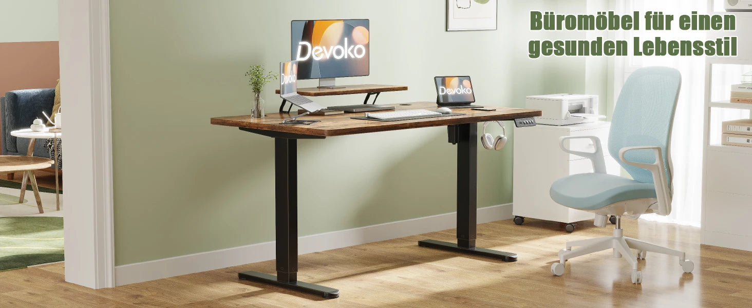 Devoko Height Adjustable desk Electric 140 × 60cm with Monitor Stand Ergonomic Seat Standing Desk (White)