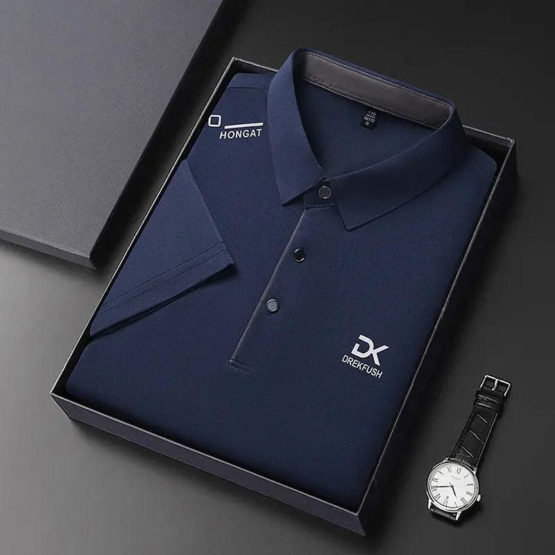 New Men's Business Casual Short Sleeved Shirt with Badge Solid Color Polo Shirt Fashionable Breathable Comfortable Versatile Top