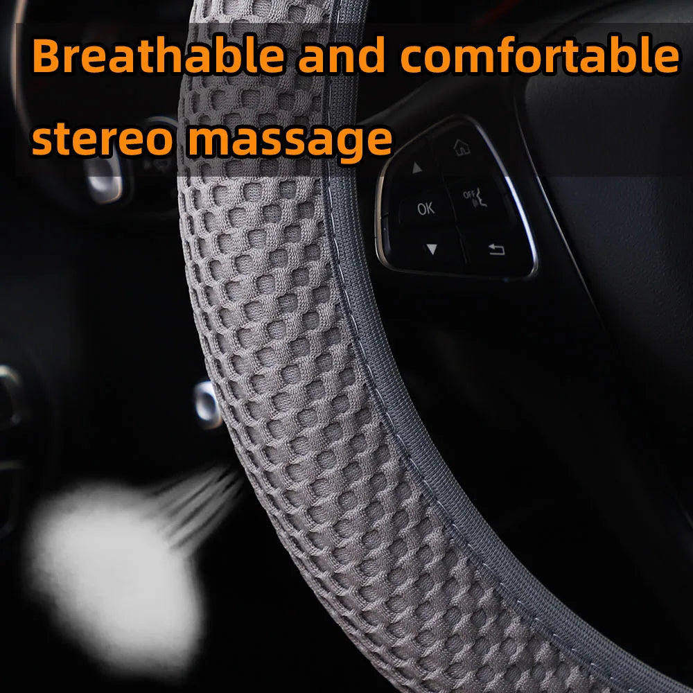 3 Car Massage Mesh Cloth Steering Wheel Cover Handbrake & Handle Cover Set Breathable No Inner Ring for 14.5-15 Inch Accessories