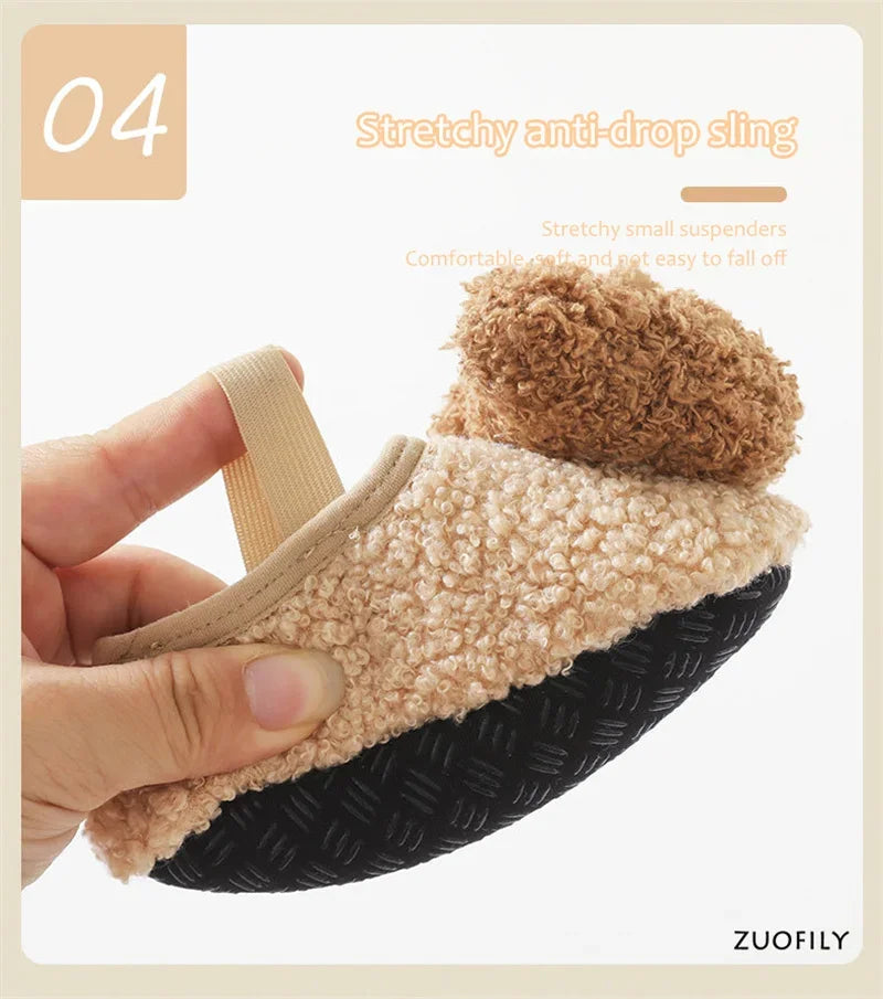Cartoon Bear Baby Shoes Winter Thick Warm Newborn Shoes Non-slip Soled Soft Plush Toddler Kids Boy Girls Infant First Walkers