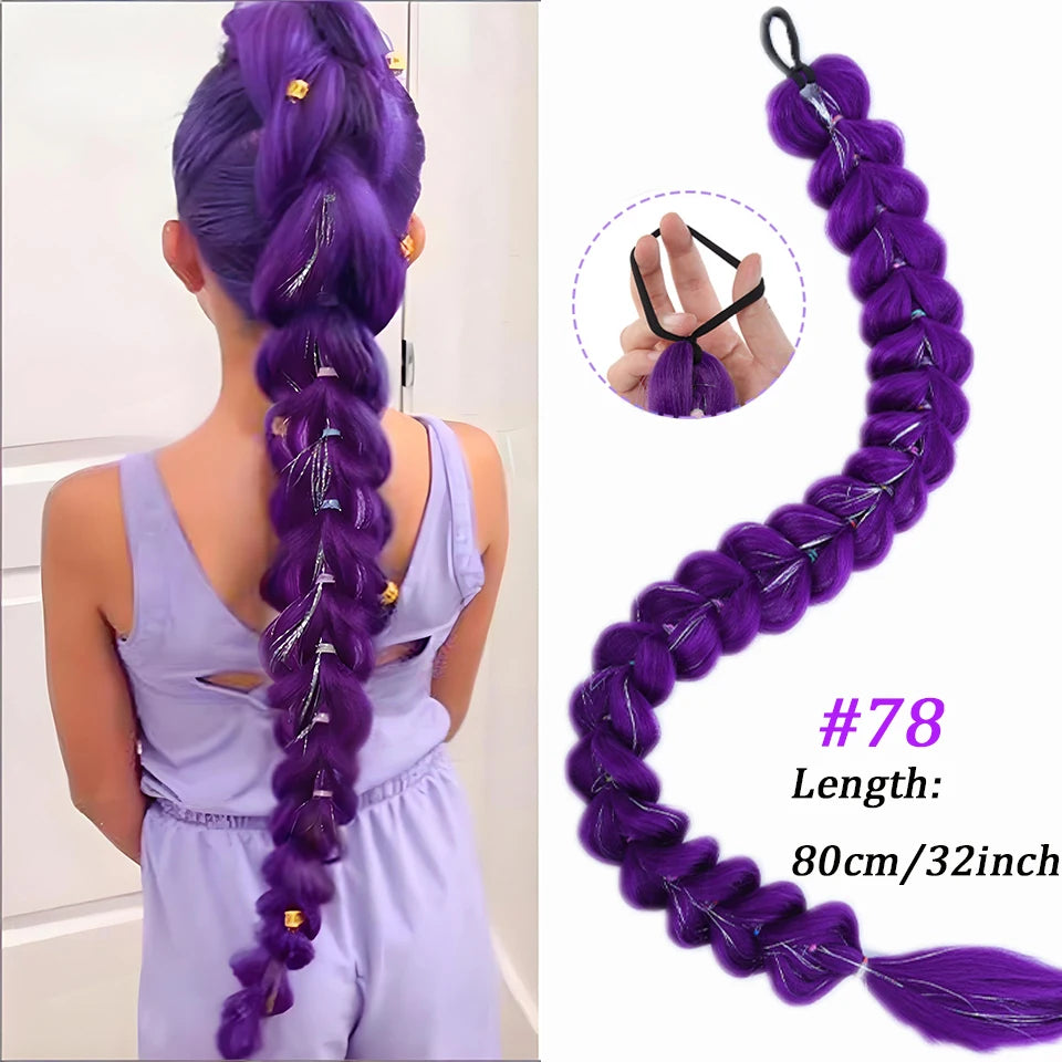 28inch Synthetic Hair Long Braided Purple Hair Ponytail Extensions Rumi Hairstyle Claw Clip Hair Wig for Kids for Chritmas Party