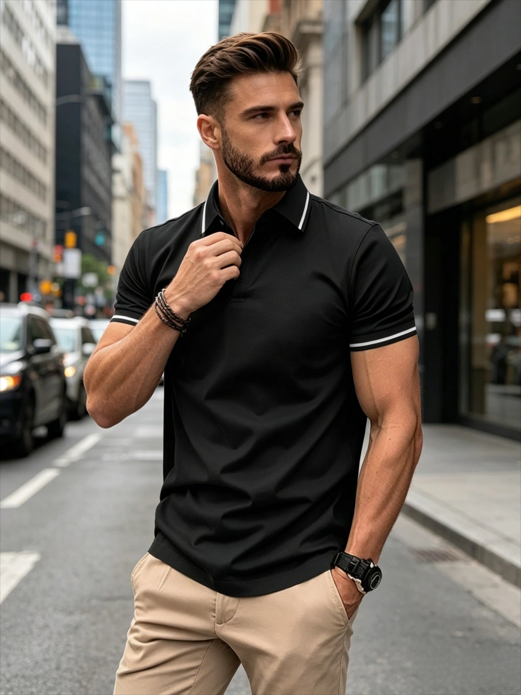Summer Men'S Shirt, Unbuttoned Ribbed Collar Polo, Sporty Loose Short Sleeves, Basic Style, Comfortable And Breathable, Casual T-Shirt